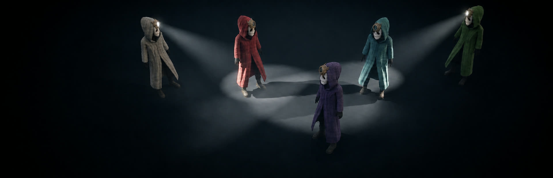 Five hooded players standing under headlamp beams in the dark
